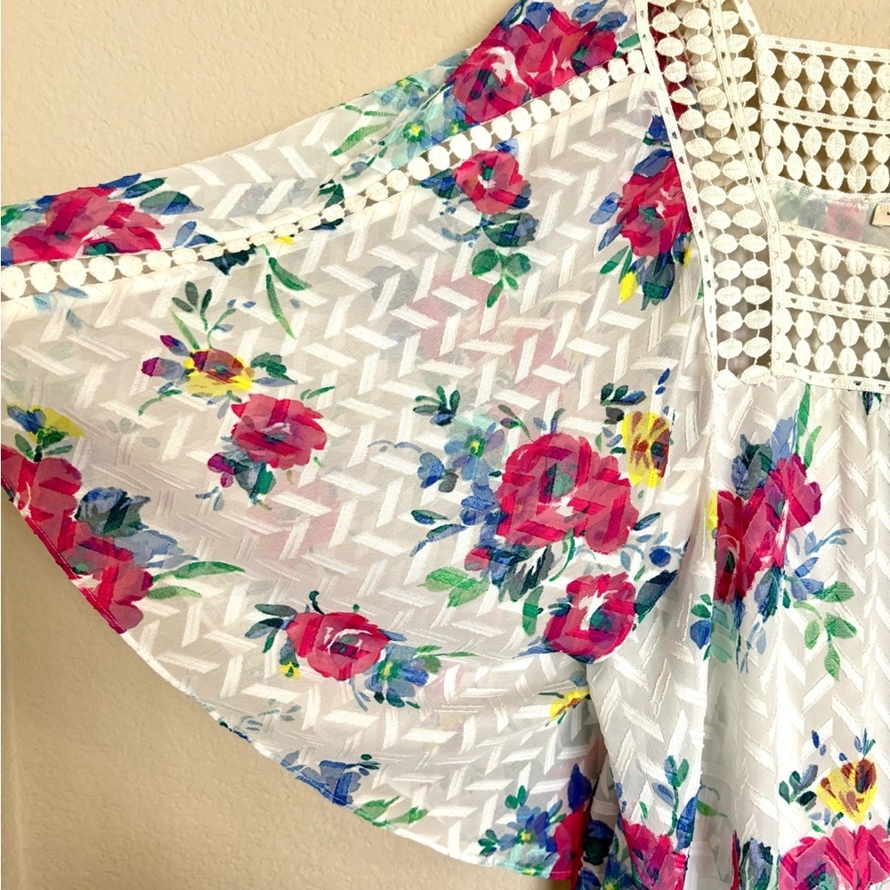 Meadow Rue Anthropologie Boho Babydoll Peasant Top M Crochet Floral Cottagecore - Picture 8 of 10
